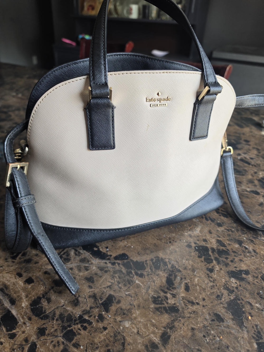 kate spade Cream and Black Dome Satchel with Gold Hardware